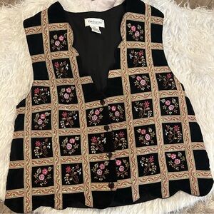 Vintage Velvet Embroidered Vest Brocade Ribbon Scalloped Hems Lined Size Large